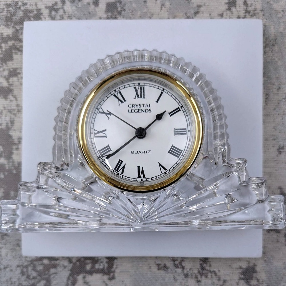 Crystal Legends Godinger Quartz Desk Clock Lead Crystal Fan Art Deco Gold Bezel